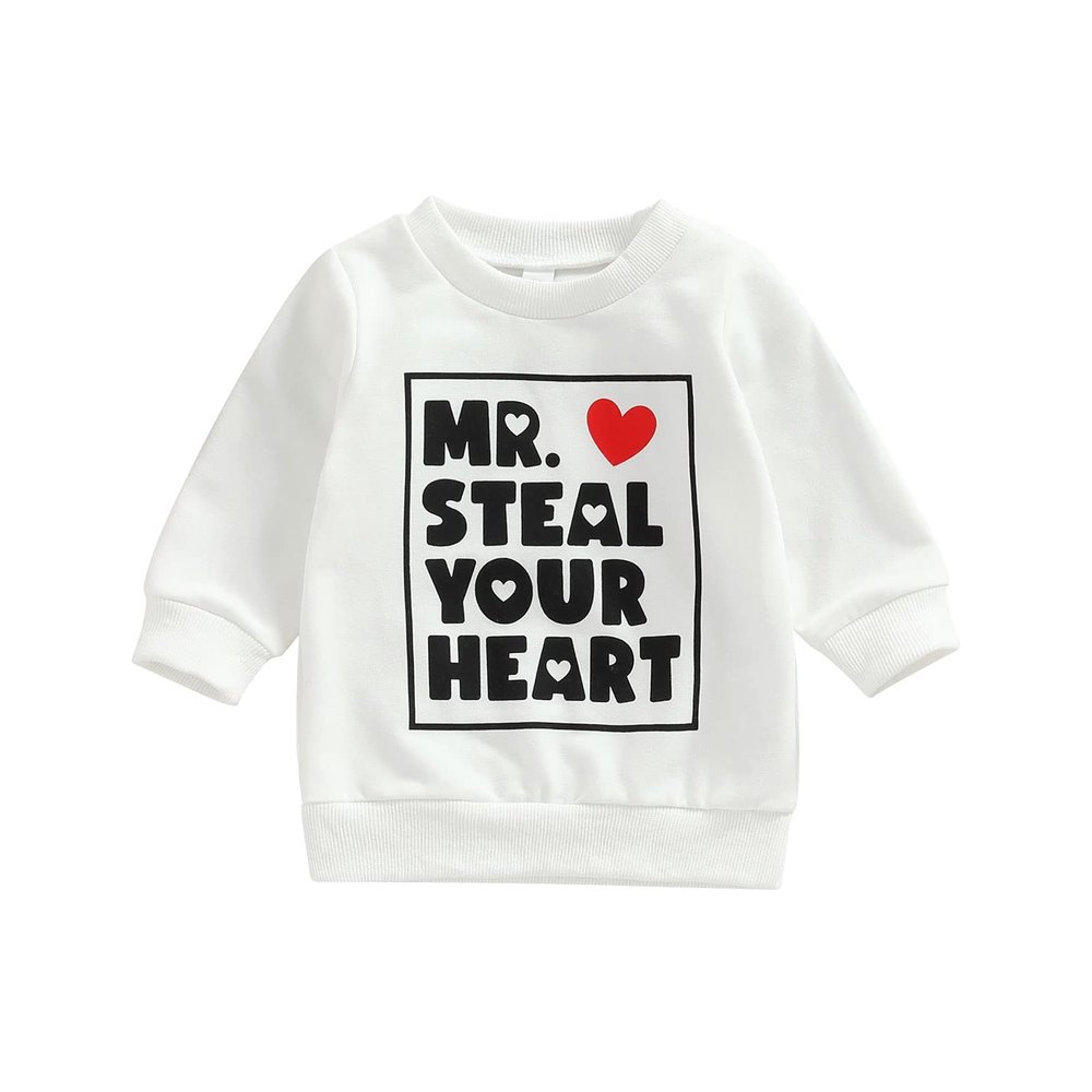 Kayotuas Toddler Baby Crewneck Sweatshirt Cute Letter Print Long Sleeve Shirts Pullover Tops Valentines Day Outfit Spring Clothes (MR STEAL YOUR HEART White,18-24 Months)