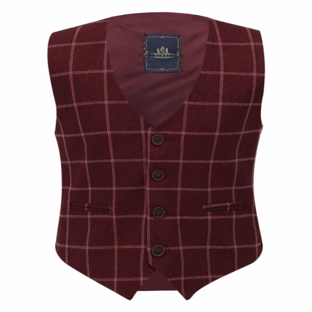 Boys Tweed Windowpane Check Maroon-Burgundy Vest Cotton Slim Fit Retro Smart Casual Dress Single Breasted Vest Size 7 Years