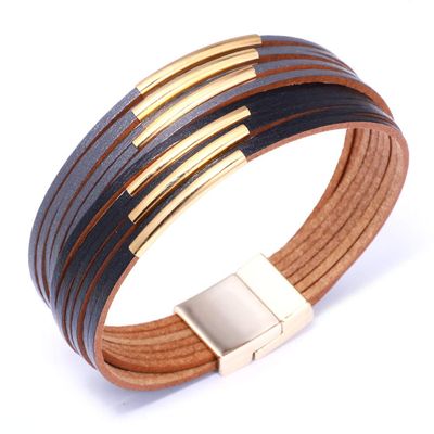 COLORFUL BLING Handmade Multi-Layer Leather Bracelet Braided Metal Stackable Cuff Bangle for Women Layered Wristband Armband Jewelry-grey black