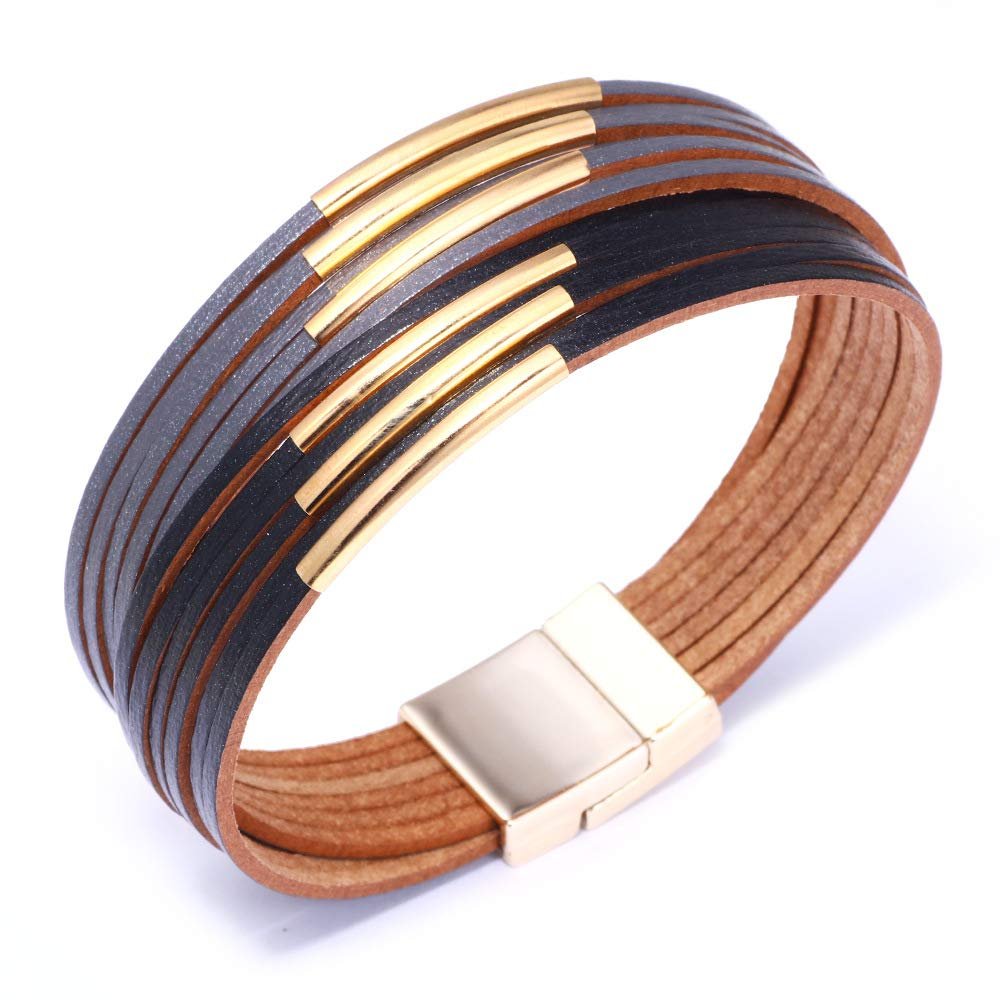 COLORFUL BLING Handmade Multi-Layer Leather Bracelet Braided Metal Stackable Cuff Bangle for Women Layered Wristband Armband Jewelry-grey black
