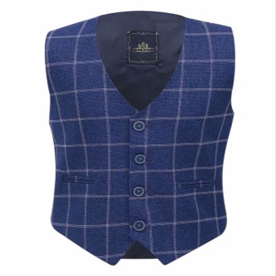 Boys Tweed Windowpane Check Blue Vest Cotton Slim Fit Retro Smart Casual Dress Single Breasted Vest Size 6 Years