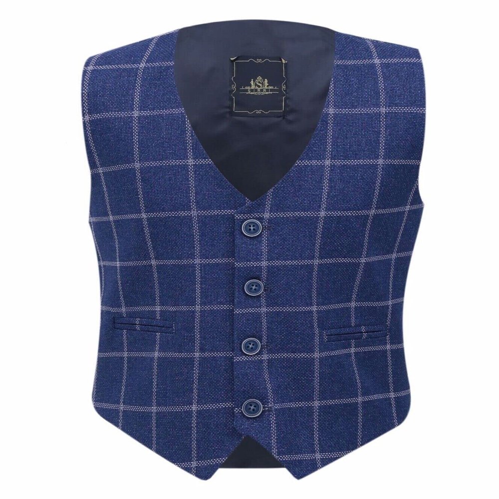 Boys Tweed Windowpane Check Blue Vest Cotton Slim Fit Retro Smart Casual Dress Single Breasted Vest Size 6 Years