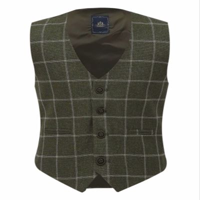 Boys Tweed Windowpane Check Sage Green Vest Cotton Slim Fit Retro Smart Casual Dress Single Breasted Vest Size 13 Years