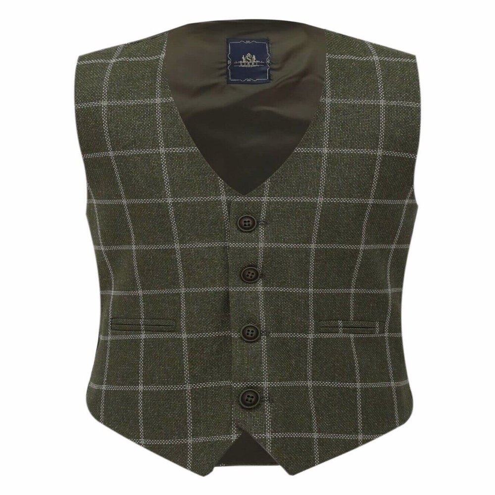 Boys Tweed Windowpane Check Sage Green Vest Cotton Slim Fit Retro Smart Casual Dress Single Breasted Vest Size 13 Years