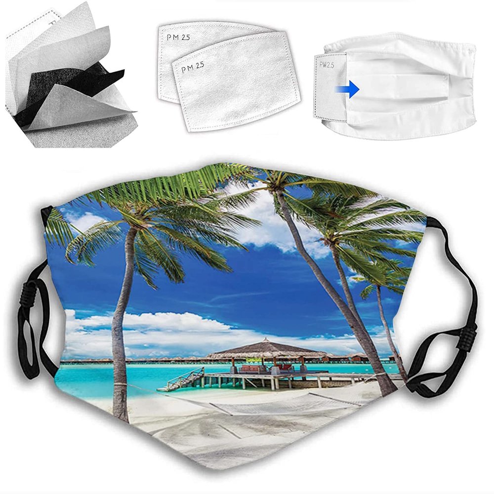 VeJerKK Beach Cloth Masks for Men Women,Empty Hammock Between Palm Trees Beach,Washable Reusable Adult Printed Face Masks Adjustable Ear Straps Face Cover,Blue
