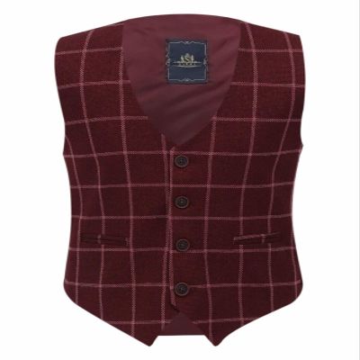 Boys Tweed Windowpane Check Maroon-Burgundy Vest Cotton Slim Fit Retro Smart Casual Dress Single Breasted Vest Size 9 Years