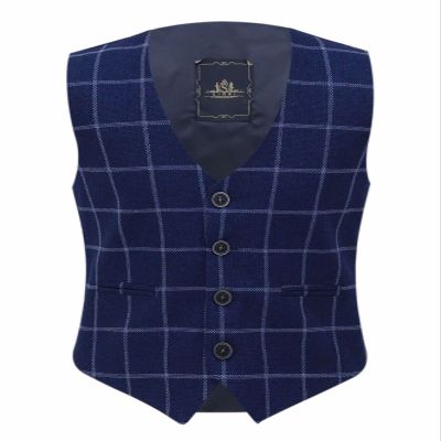 Boys Tweed Windowpane Check Navy Blue Vest Cotton Slim Fit Retro Smart Casual Dress Single Breasted Vest Size 6 Years