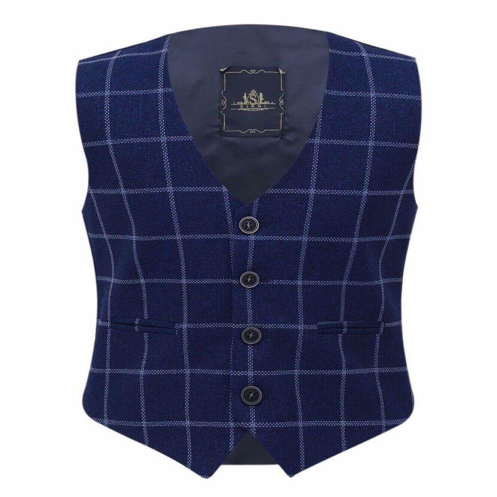 Boys Tweed Windowpane Check Navy Blue Vest Cotton Slim Fit Retro Smart Casual Dress Single Breasted Vest Size 6 Years