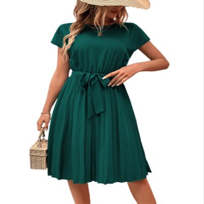 BBcoch Summer Midi Dresses for Women Petite Flowy Pleated A Line Dress Dark Green Medium