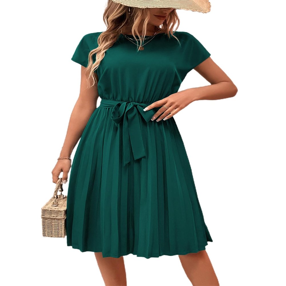 BBcoch Summer Midi Dresses for Women Petite Flowy Pleated A Line Dress Dark Green Medium