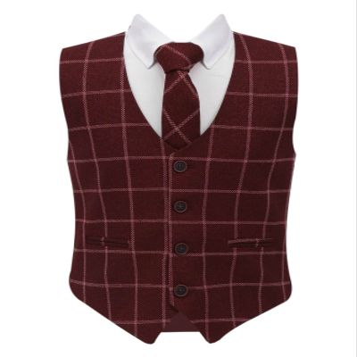 Boys Tweed Single-Breasted Windowpane Check Slim Fit Cotton Maroon Burgundy Vest 3 Piece Retro Tie Formal Smart Casual Set Size 15 Years