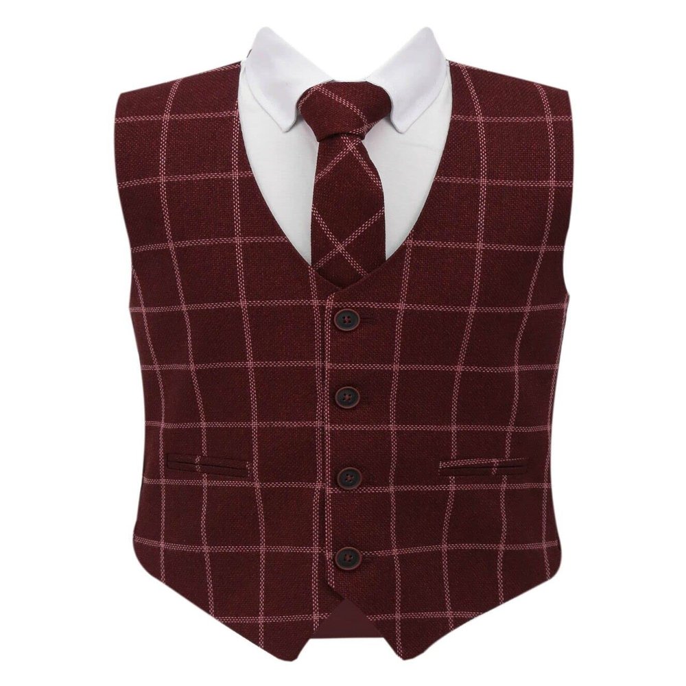 Boys Tweed Single-Breasted Windowpane Check Slim Fit Cotton Maroon Burgundy Vest 3 Piece Retro Tie Formal Smart Casual Set Size 15 Years