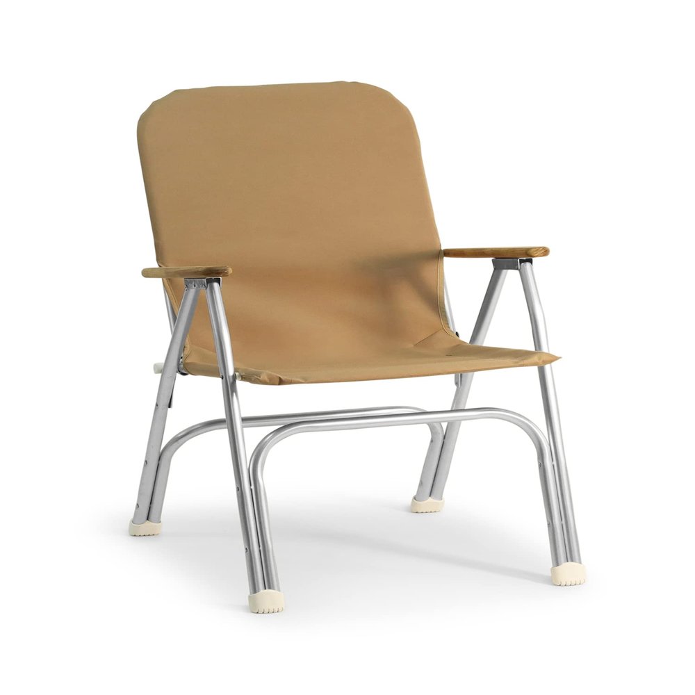 FORMA MARINE Folding Aluminum Boat Chair with Teak Armrests Uniform Fabric, Folding, Anodized, Beige-Brown Fabric, Model M120BR