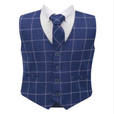 Boys Tweed Single-Breasted Windowpane Check Slim Fit Cotton Blue Vest 3 Piece Retro Tie Formal Smart Casual Set Size 12 Years