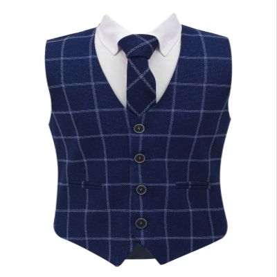 Boys Tweed Single-Breasted Windowpane Check Slim Fit Cotton Navy Blue Vest 3 Piece Retro Tie Formal Smart Casual Set Size 3 Years