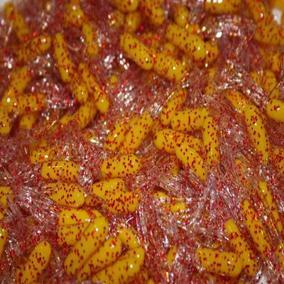 Qty- 100 pk 1.5" Yellow / Red Sparkle Crappie Fishing Tube Jig Skirts Bluegill Perch