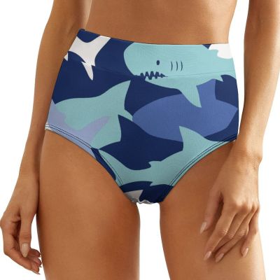 Camouflage Pattern with Cute Sharks Full Coverage Ladies Panties High Waisted Underpants Soft Underwear for Women M
