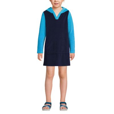 Lands' End G Terry Kangaroo Cover Up Deep Sea Navy Colorblock Kids Xxs