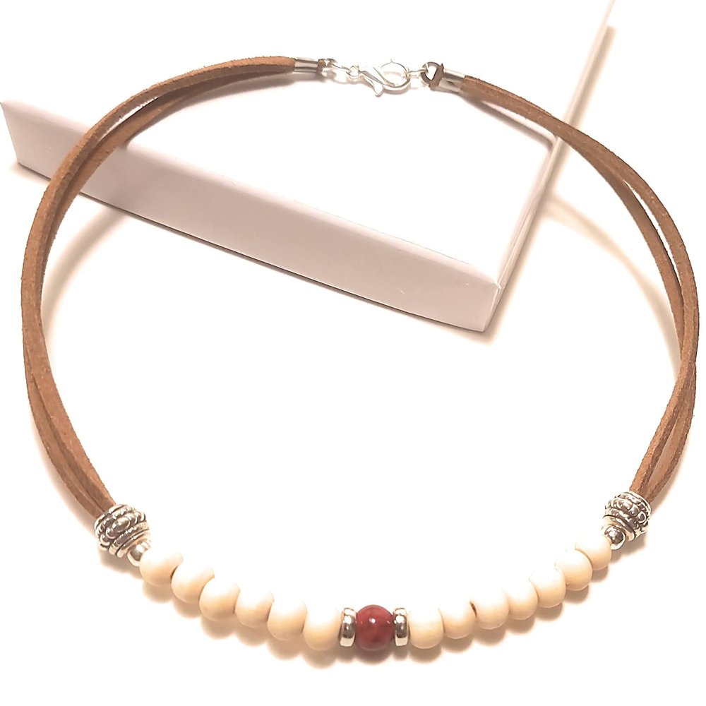 10 Inch Red Turquoise Wood Bead Micro Suede Leather Anklet Casual Boho Swim Jewelry Gift Boxed