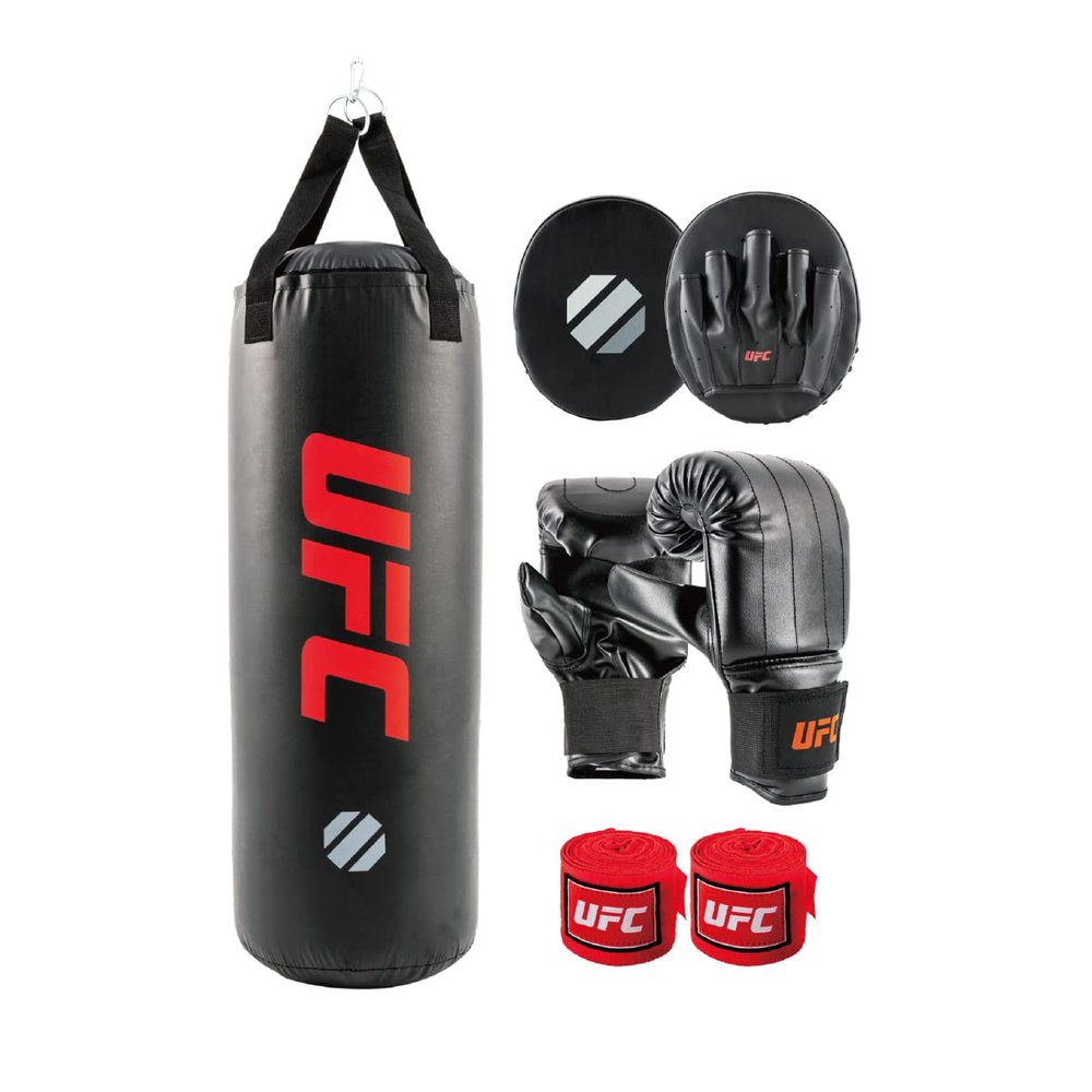 UFC Boxing Training Set - Boxing and MMA Punching Bag, Bag Gloves, Red Handwraps, Punch Mitts