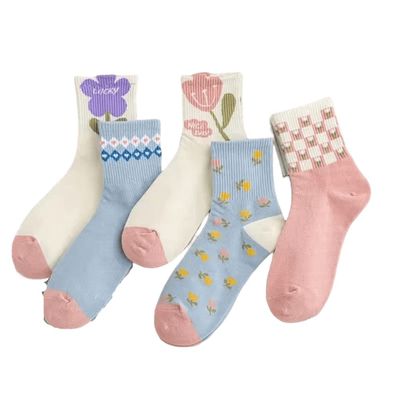 VORPE Blue Pink Multi-Patterned Floral Tulip Cute Crew Cotton Socks For Women, Size 5-8, Pack of 5