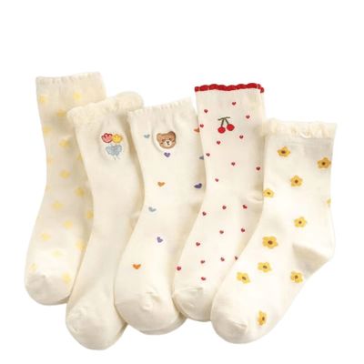 VORPE Multi-Patterned Cherry Flower Bear Cute Cotton Crew Socks For Women, Size 5-8, Pack of 5