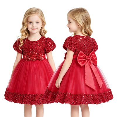 AGQT Baby Girls Flower Dress Bow-Knot Sequin Short Sleeve Tulle Princess Dresses Wedding Birthday Party Formal Gown Red 18-24 Months