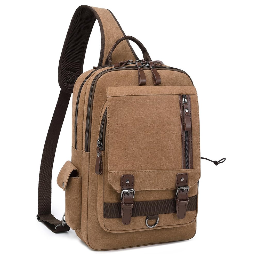 mygreen Canvas Leather Crossbody Messenger Bag One Strap Sling Travel Hiking Chest Bag Coffee, XL
