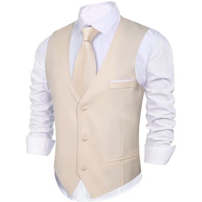 Barry.Wang Beige Mens Suit Vest Slim Fit V-Neck 2-Pocket Solid Color Waistcoat Dress Formal Business Tuxedo Wedding Party