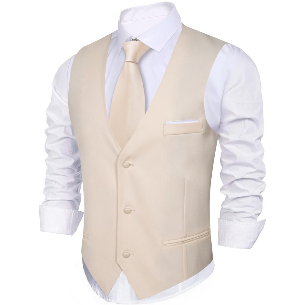 Barry.Wang Beige Mens Suit Vest Slim Fit V-Neck 2-Pocket Solid Color Waistcoat Dress Formal Business Tuxedo Wedding Party
