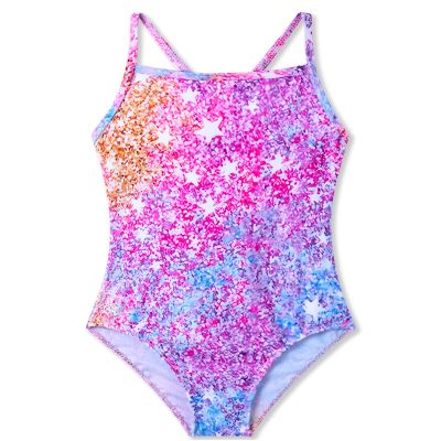 Bathing Suit for Girls 4t 5t Pink Colorful Stars Print Swimsuit with UPF Sun Protection Funny Cool One Piece Swimwear