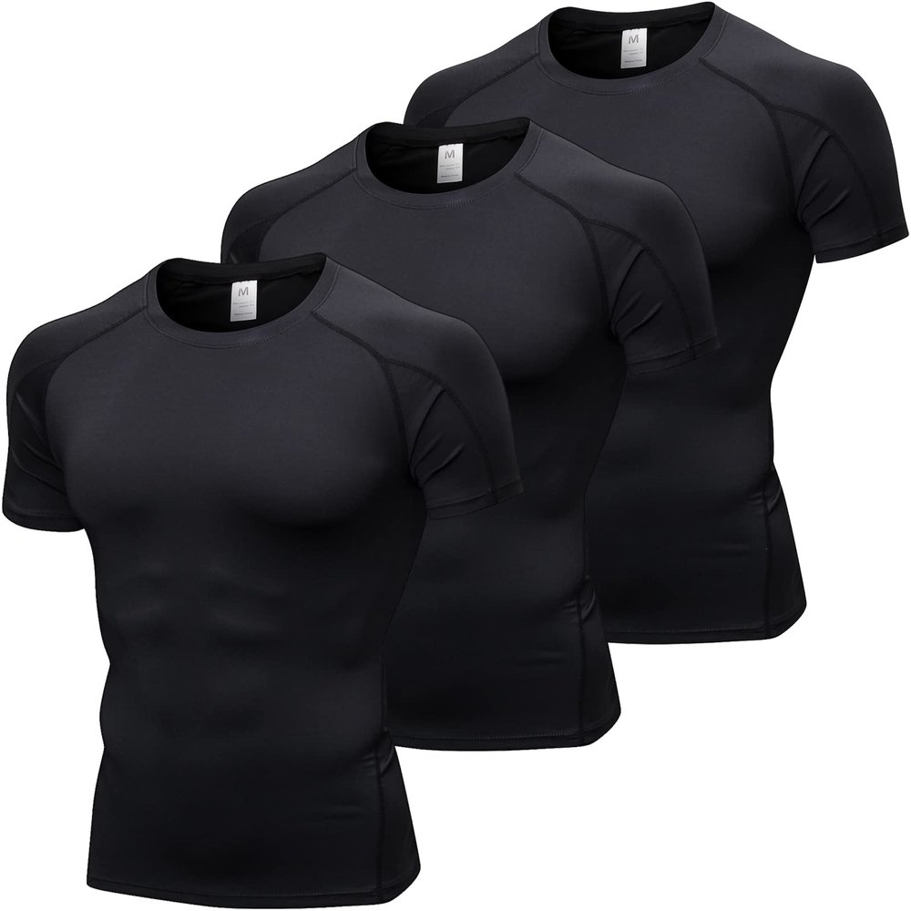 Black Compression Shirts Short Sleeve Men Workout Gym T-Shirts Cool Dry Sports Baselayer Undershirts for Running Yoga