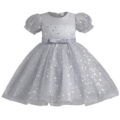 AGQT Toddler Girls Princess Tutu Dress Short Sleeve Sequin Star Print Flower Girls Tea Party Birthday Wedding Dress with Belt Gray Size 3-4T