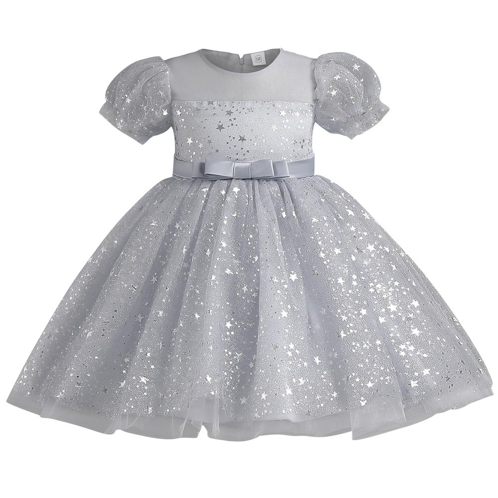 AGQT Toddler Girls Princess Tutu Dress Short Sleeve Sequin Star Print Flower Girls Tea Party Birthday Wedding Dress with Belt Gray Size 3-4T
