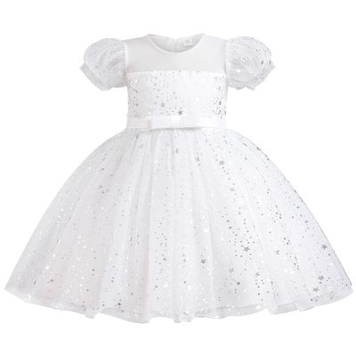 AGQT Toddler Girls Princess Tutu Dress Short Sleeve Sequin Star Print Flower Girls Tea Party Birthday Wedding Dress with Belt White Size 3-4T