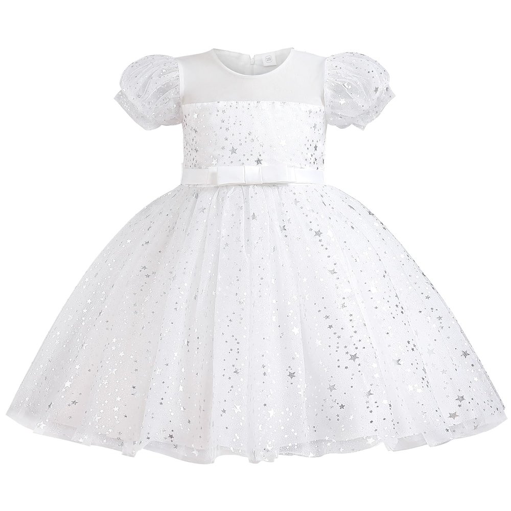 AGQT Toddler Girls Princess Tutu Dress Short Sleeve Sequin Star Print Flower Girls Tea Party Birthday Wedding Dress with Belt White Size 3-4T
