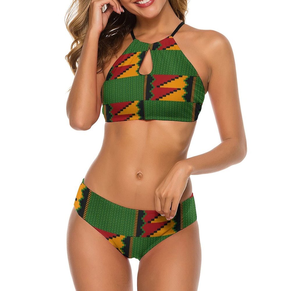 African Kente Print Women's Bikini Set Cutout Swimwear Fashion Two Piece Swimsuit Bathing Suit L