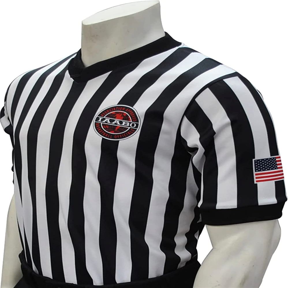 Smitty | I200-WFSL | IAABO Basketball Referee Shirt White Flag on Sleeve USA | School Approved Official Uniform | Black White (Large)