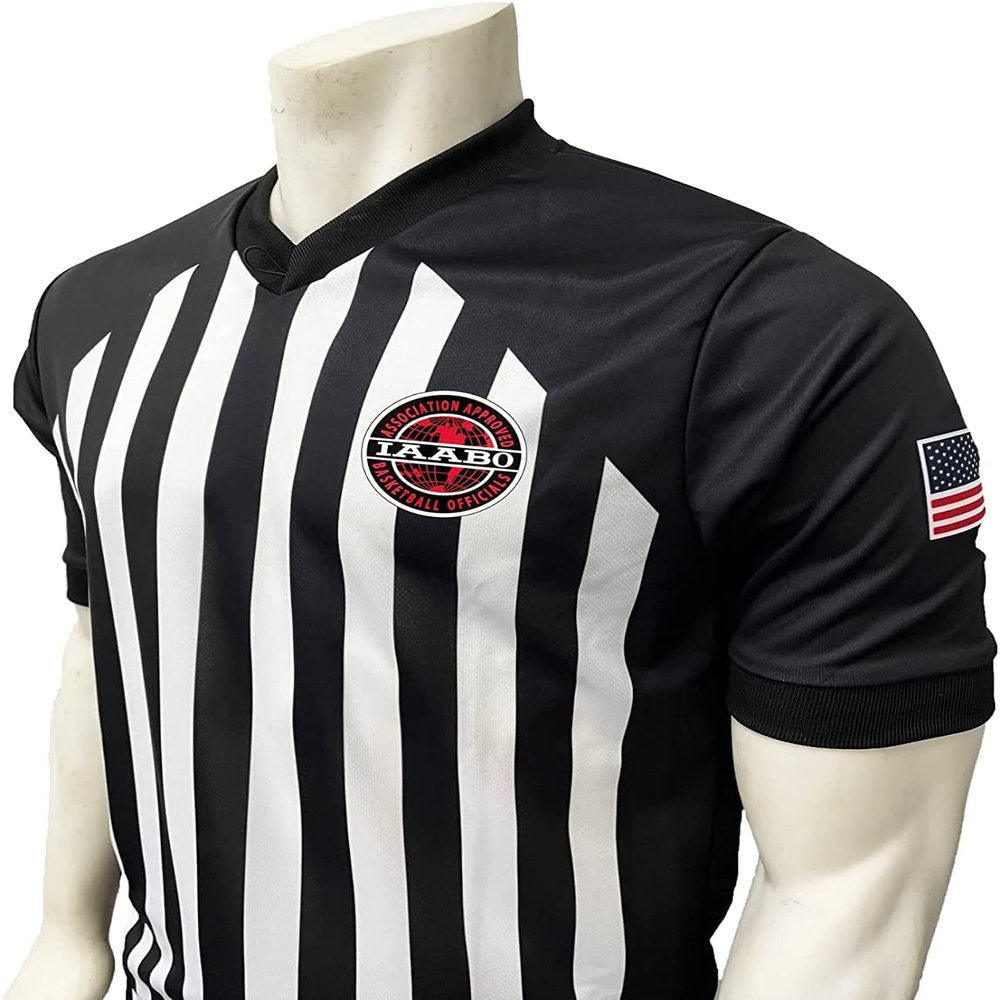 Smitty | I216 | IAABO Basketball Referee Shirt White Flag on Sleeve USA | Collegiate College Official Uniform | Black White (Small)