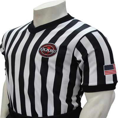 Smitty | I200-WFSL | IAABO Basketball Referee Shirt White Flag on Sleeve USA | School Approved Official Uniform | Black White (Small)