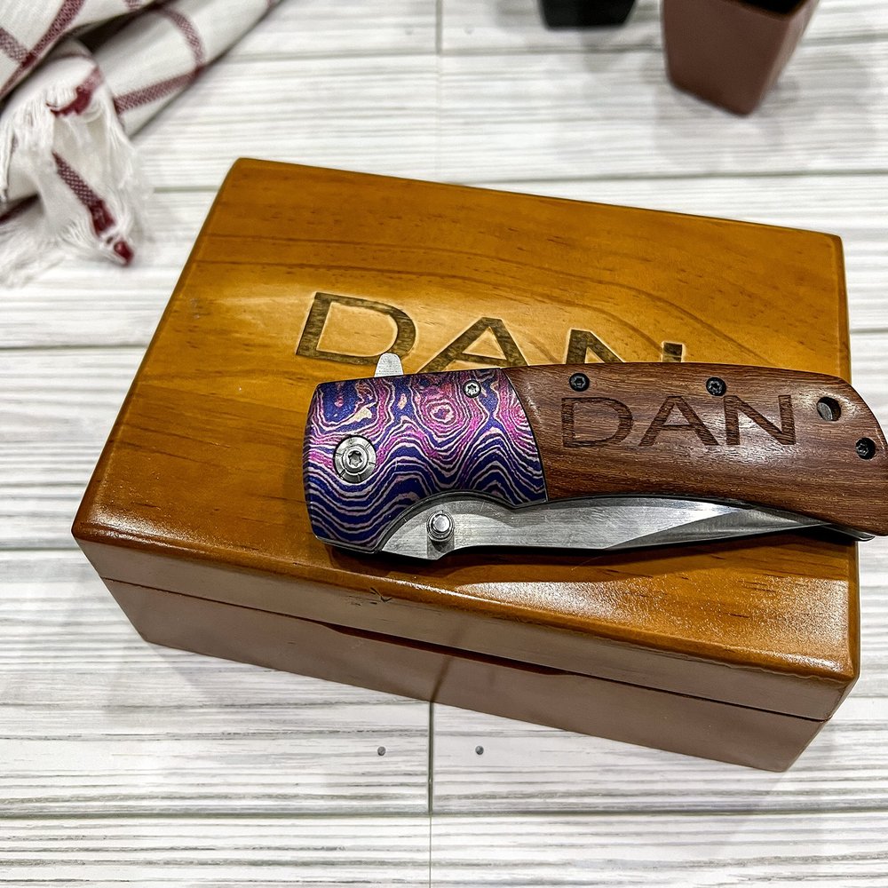 Pocket Knife Gifts for Men Him Personalized Custom Engraved Love You Idea For Dad Boyfriend Groomsmen Husband Son Father's Day Anniversary Birthday Valentines Fishing Camping Hunting (Knife & Wood Box Engraved)