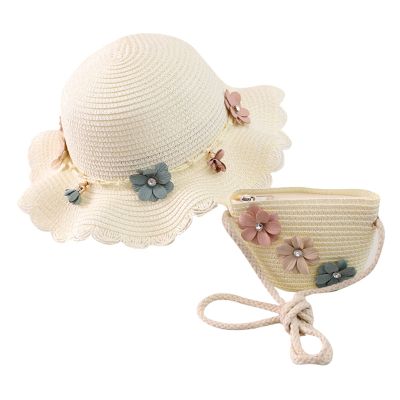 Baby Girl Hat Straw + Beach Bag Girls Straw Kids Hat Sun Children Sunshade Flower Hat Kids Hat (White, One Size)