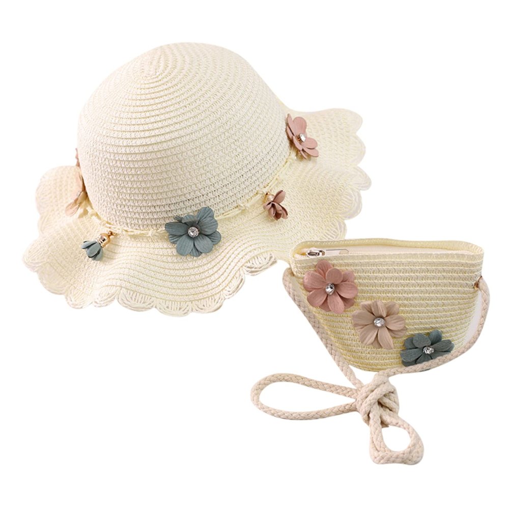 Baby Girl Hat Straw + Beach Bag Girls Straw Kids Hat Sun Children Sunshade Flower Hat Kids Hat (White, One Size)