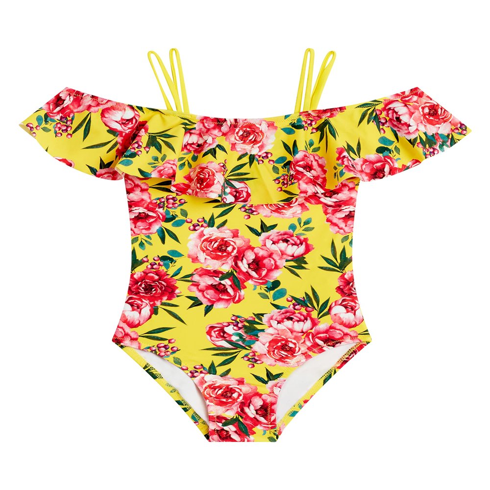 Kanu Surf Girls Peggy Upf 50+ Beach Sport Off Shoulder One Piece Swimsuit, Avery Yellow, 8 US