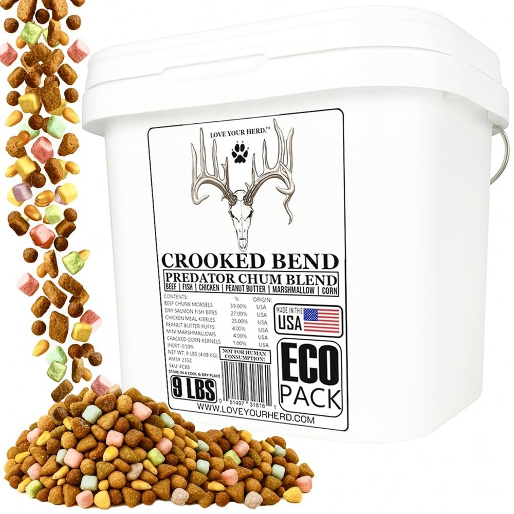 Crooked Bend Predator Chum Blend, Lure Coyote, Raccoon, Opossum, Fox, Skunk, Mink, Weasel, Bobcat, Weasel, Black Bear, Feral Cat, Wild Dog, Hog & Bait Wild Game Animals, 9 Pounds