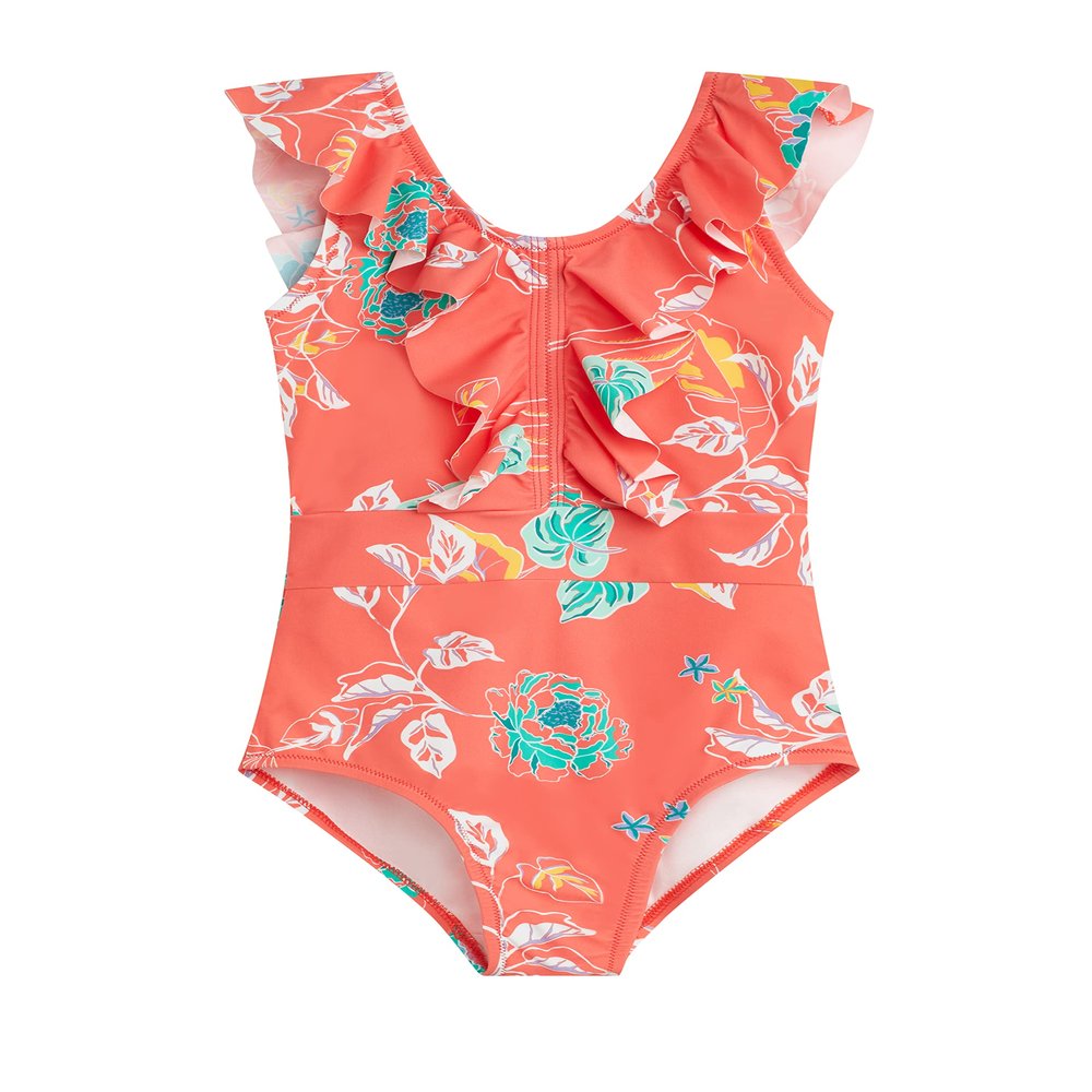 Kanu Surf Girls, Gianna Beach Sport Ruffle One Piece Swimsuit, Reese Coral, 14