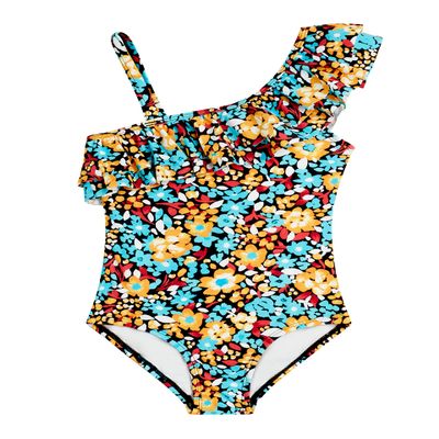Kanu Surf Girls' Morgan Floral Ruffle 1-Shoulder 1-Piece Swimsuit, Caitlin Black/Aqua,12