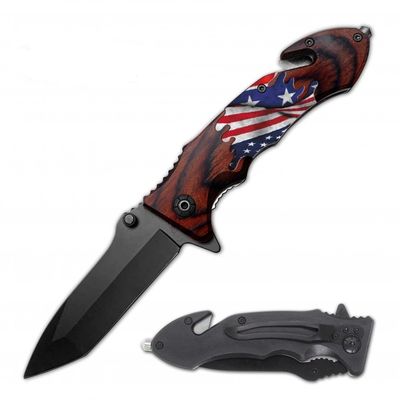 USA Patriot 8" Spring Assisted Tactical Rescue Folding Pocket knife w/ Glass Breaker Handle, Seatbelt Cutter and Pocket Clip