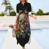 Day of The Dead Skull Rose Humming Bird Shirt Dress Long Sleeve Button Down Dress Casual Loose Maxi Dresses for Women 2XL view 3