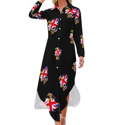 Claw Grunge England Flag Shirt Dress Long Sleeve Button Down Dress Casual Loose Maxi Dresses for Women L